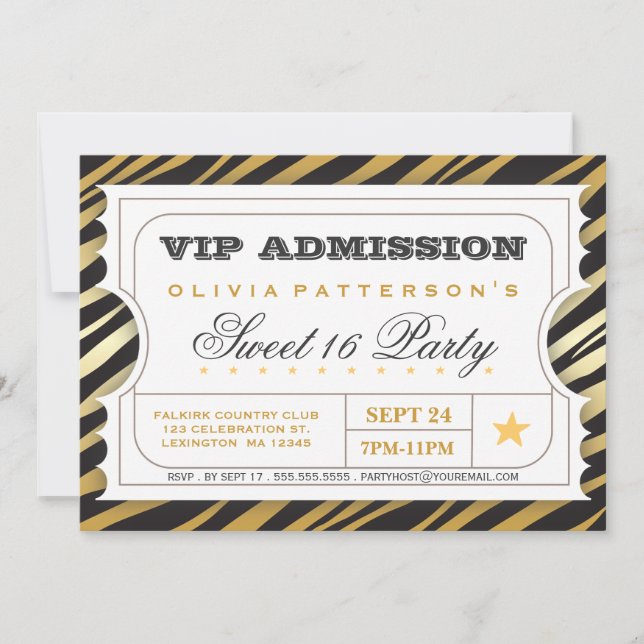 VIP Biljett Zebra Glam Sweet 16 Födelsedagsfester Inbjudningar (Framsida)