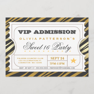 VIP Biljett Zebra Glam Sweet 16 Födelsedagsfester Inbjudningar
