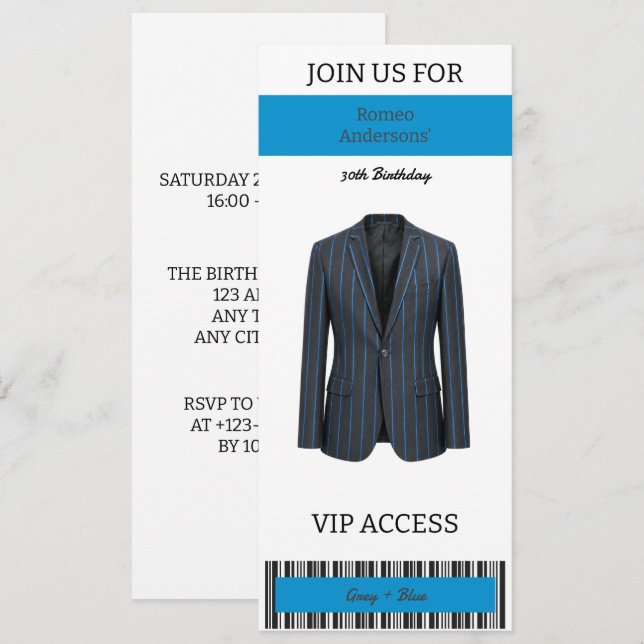 VIP Gråblå kostym 30-års födelsedagsinbjudan Inbjudningar (Fram/baksida)