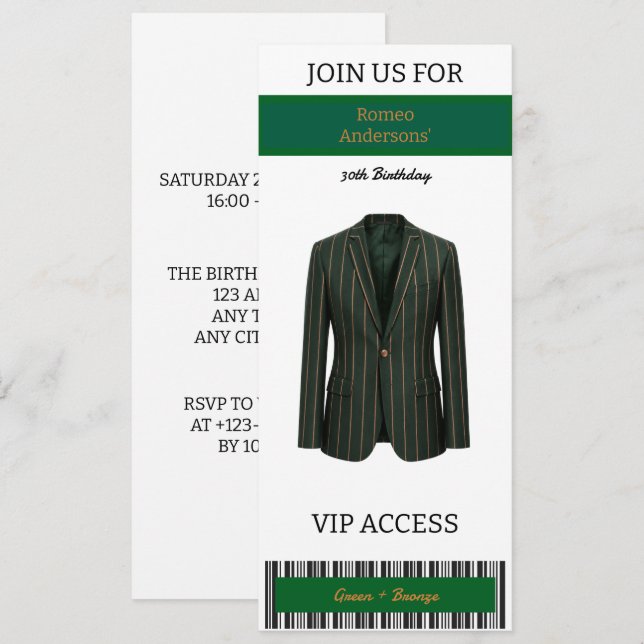 VIP Grön Brons Kostym 30-års Födelsedagsinbjudan Inbjudningar (Fram/baksida)