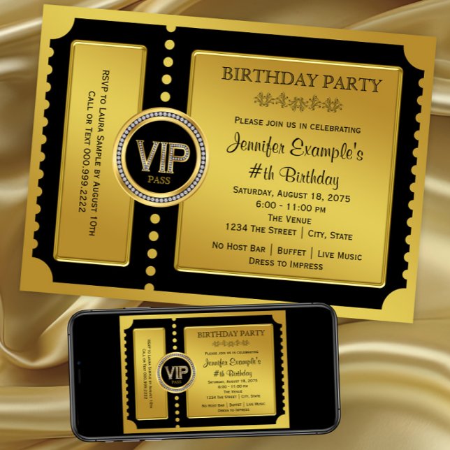 VIP Guld Biljett Födelsedagsfest Inbjudningar (Black gold VIP ticket invitation for any number birthday or event. Digital and printed.)
