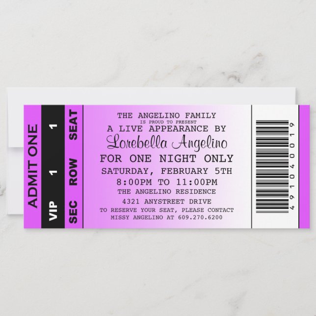 VIP-inbjudan för födelsedagar i Biljett (Lila) Inbjudningar (Framsida)
