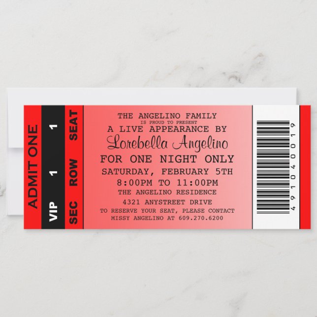 VIP-inbjudan för födelsedagar i Biljett (röd) Inbjudningar (Framsida)