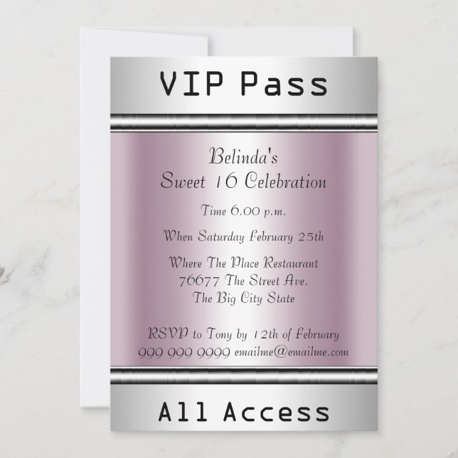 VIP-kort Sweet 16 Födelsedagsfest Vit Rosa Inbjudningar (Framsida)