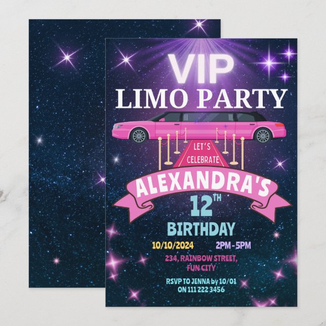 VIP Limo Party Födelsedagsfest Girl Inbjudningar (Fram/baksida)