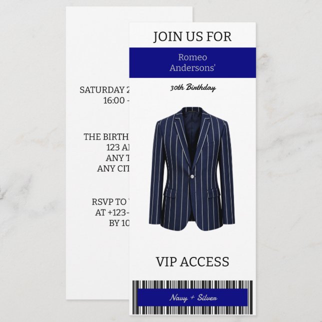 VIP Navy Silver Kostym 30-års Födelsedagsinbjudan Inbjudningar (Fram/baksida)