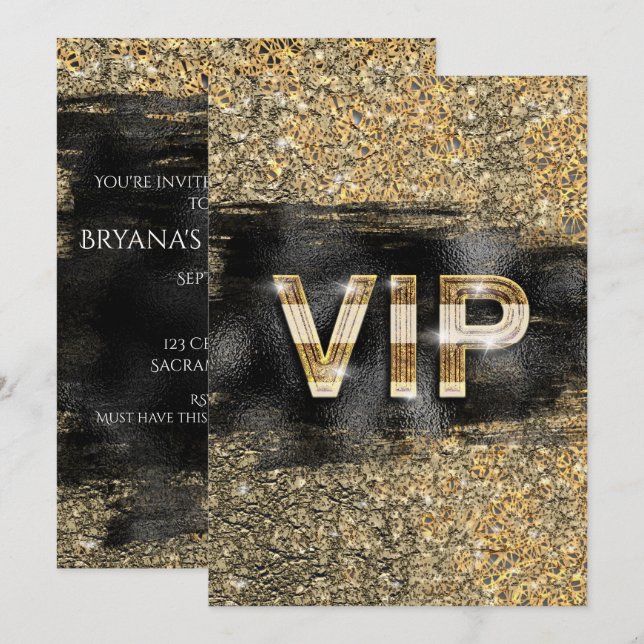 VIP-partiinbjudningar till guld & Black Glam Chic  Inbjudningar (Fram/baksida)