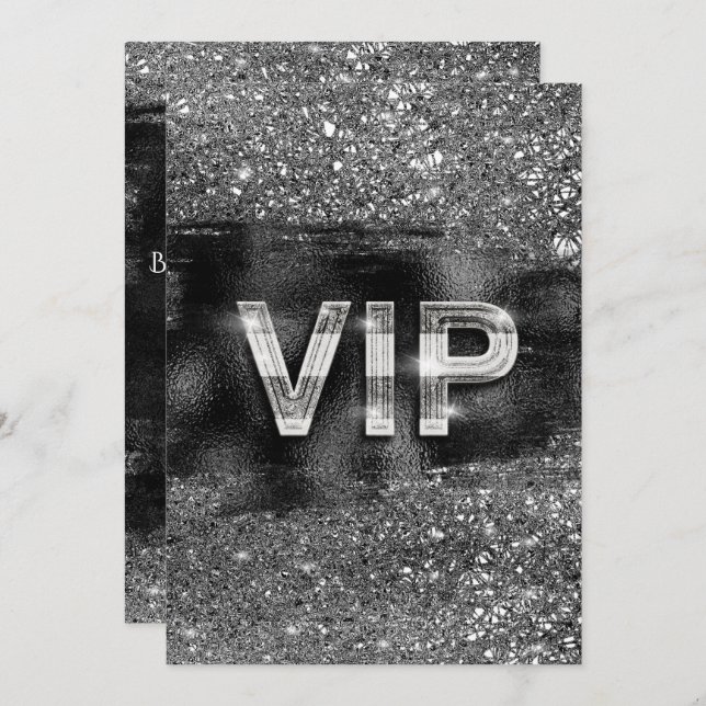 VIP-partiinbjudningar till silver Black Glam Chic  Inbjudningar (Fram/baksida)