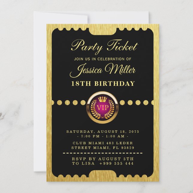 VIP Party Ticket Birthday Invitation Inbjudningar (Framsida)