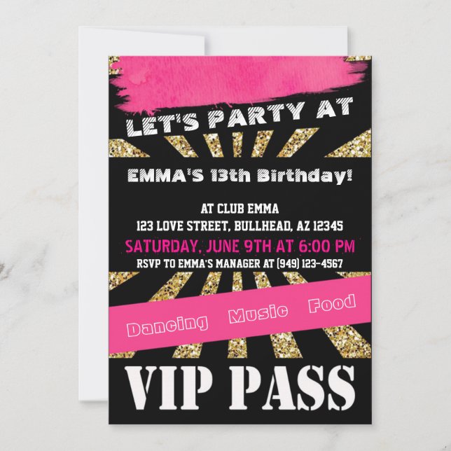 VIP PASS Flicka Dansfest Pyjamasparty Tonårstjej Inbjudningar (Framsida)