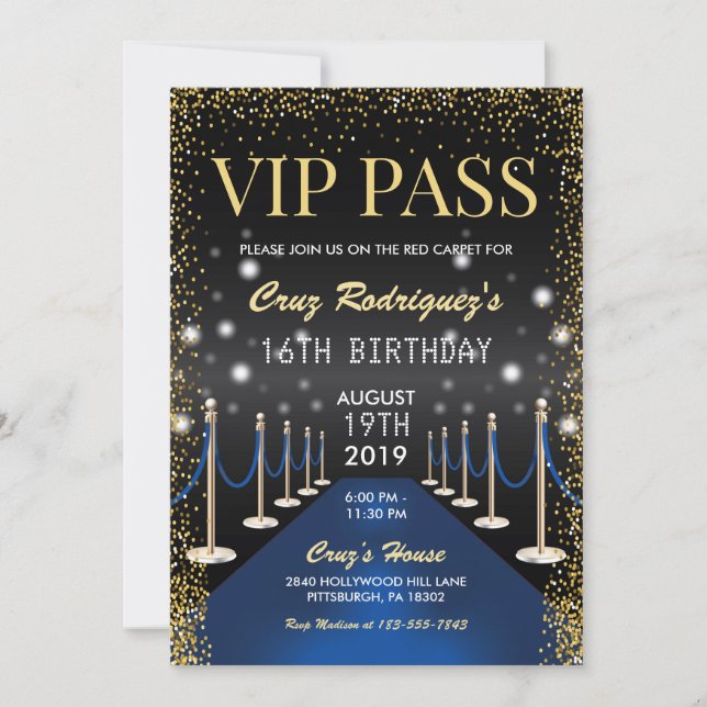 VIP Pass Hollywood Blue Red Carpet Birthday Inbjudningar (Framsida)