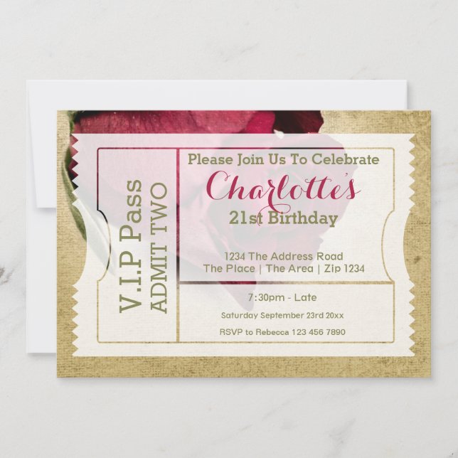 VIP Pass Party-inträde Biljett Röd ros Inbjudningar (Framsida)