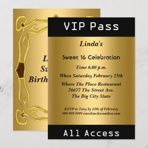 VIP-pass Sweet 16 Födelsedagsfest Guld Inbjudningar