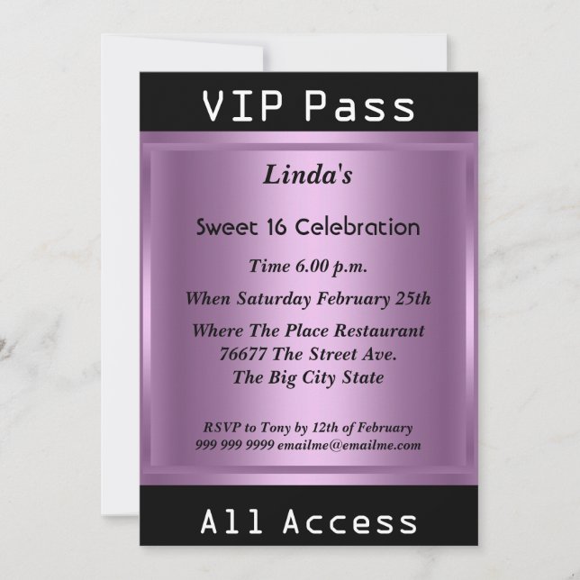 VIP-pass Sweet 16 Födelsedagsfest Lila Inbjudningar (Framsida)