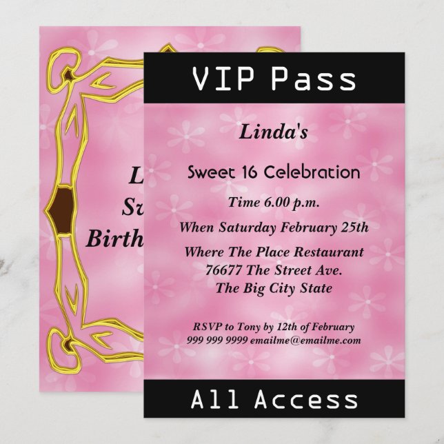 VIP-pass Sweet 16 Födelsedagsfest Rosa Inbjudningar (Fram/baksida)