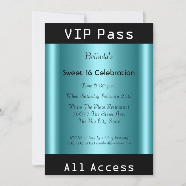 VIP-pass Sweet 16 Födelsedagsfest Svart Teal Inbjudningar (Framsida)