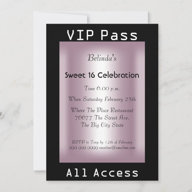 VIP-pass Sweet 16 Födelsedagsfests Black Rosa Inbjudningar (Framsida)