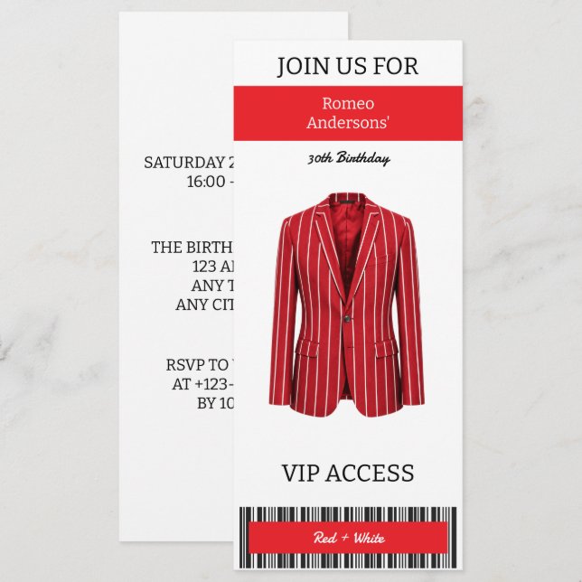 VIP Röd Vit Kostym 30-års Födelsedagsinbjudan Inbjudningar (Fram/baksida)
