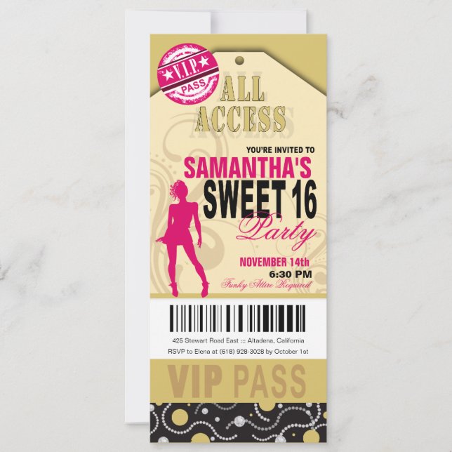 VIP Sweet 16 Biljett (fuschia khaki) Inbjudningar (Framsida)