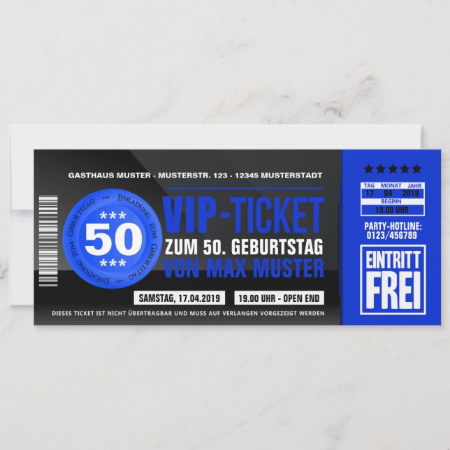 VIP-TICKET Einladungskarten (blau) Inbjudningar (Framsida)
