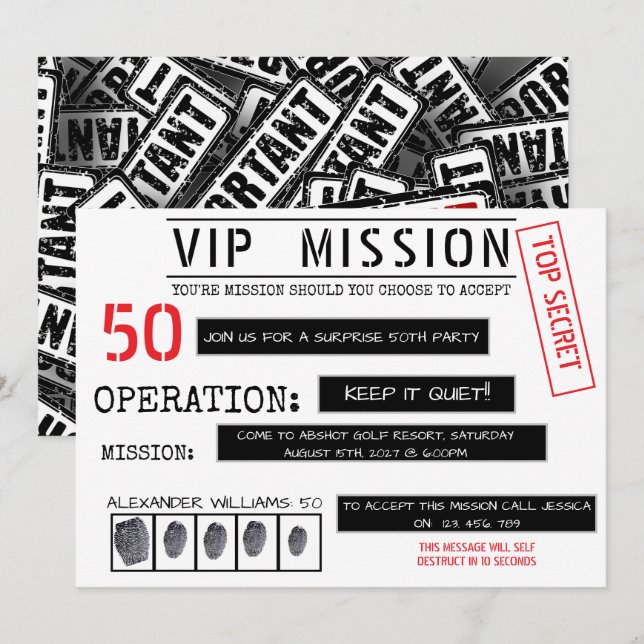 VIP Uppdrag Överraskning 50-årsdag Inbjudningar (Fram/baksida)