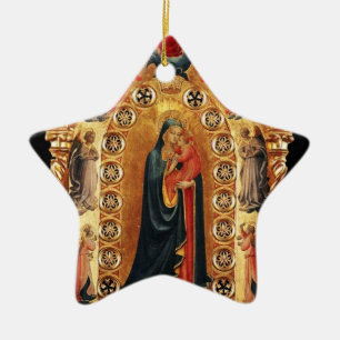 VIRGIN AND CHILD, ÄNGLAR GULD HELIG ART Red Ruby Julgransprydnad Keramik