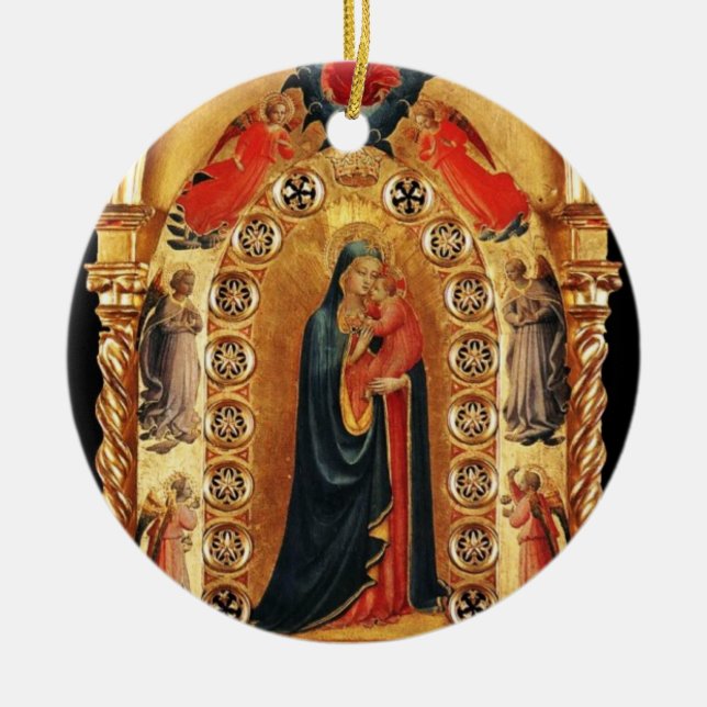 VIRGIN AND CHILD, ÄNGLAR GULD HELIG ART Red Ruby Julgransprydnad Keramik (Framsidan)