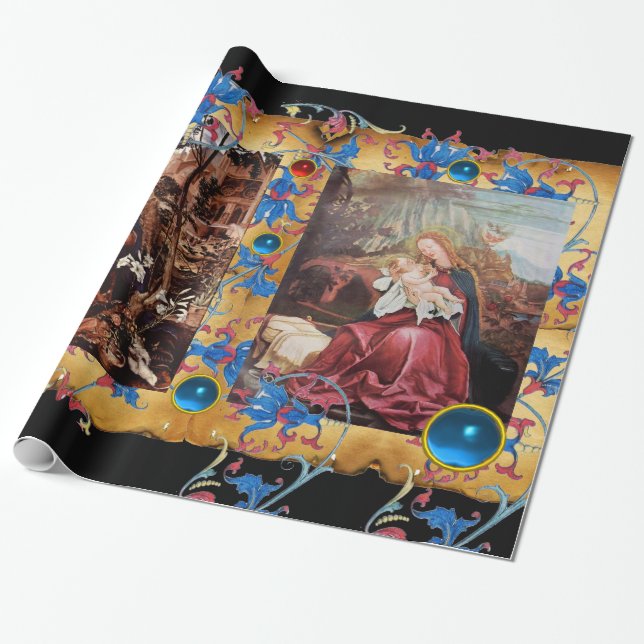 VIRGIN AND CHILD ,BLOMMIGT CHRISTMAS PARCHMENT PRESENTPAPPER (Utrullad)