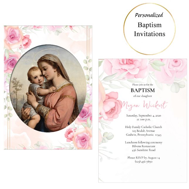 Virgin and Child Soft Pink Roses Catholic Baptism Inbjudningar (Skapare uppladdad)