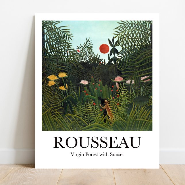 Virgin Forest med Sunset av Henri Rousseau Poster (Escape to Paradise: Rousseau's "Virgin Forest." Lush greenery, vibrant sunset. Museum-quality poster)