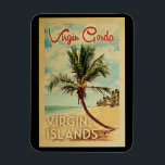 Virgin Gorda Handflatan Träd Vintage resor Magnet<br><div class="desc">Ett unikt gammalmodigt gammalt virgin Gorda-Jungfruöarna i mitten av århundradet i vintage resor poster stil. Den har en böjd handflatan träd på sandstranden med hav under ett blått grumligt himlar.</div>