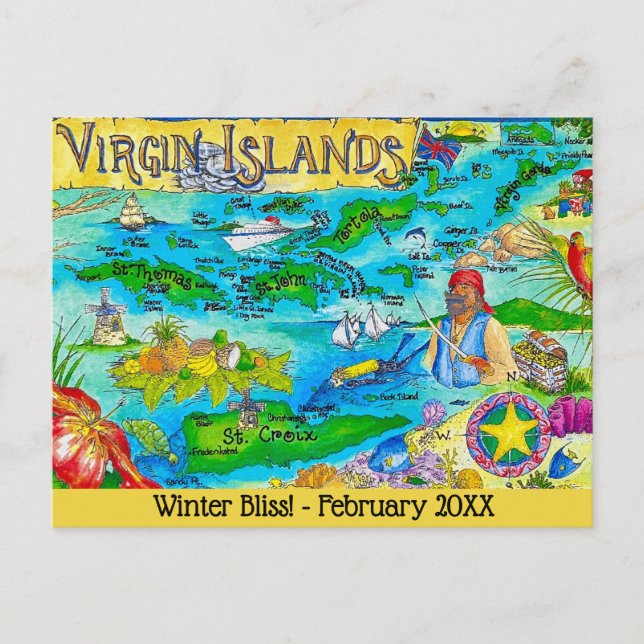 Virgin Islands Illustrated Map Postcard Vykort (Framsida)