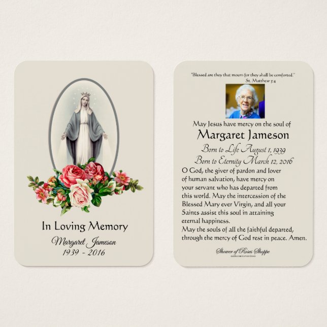 Virgin Mary Blommigt Funeral Memorial Heliga Card  Visitkort (Framsida & baksida)