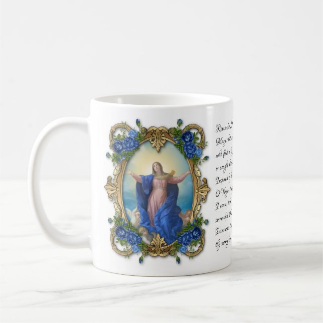 Virgin Mary Blommigt religiösa  Memorare Prayer   Kaffemugg (Vänster)