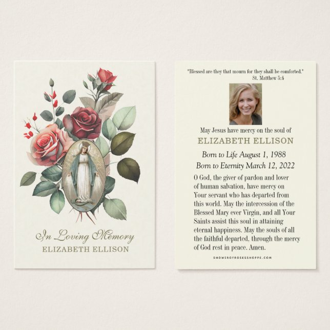 Virgin Mary blommigt Ro Funeral Prayer Visitkort (Framsida & baksida)