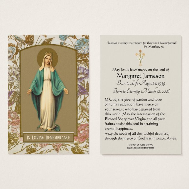 Virgin Mary Catholie Funeral Prayer Heliga Card Visitkort (Framsida & baksida)