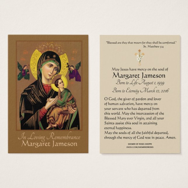 Virgin Mary Catholie Funeral Prayer Heliga Card Visitkort (Framsida & baksida)