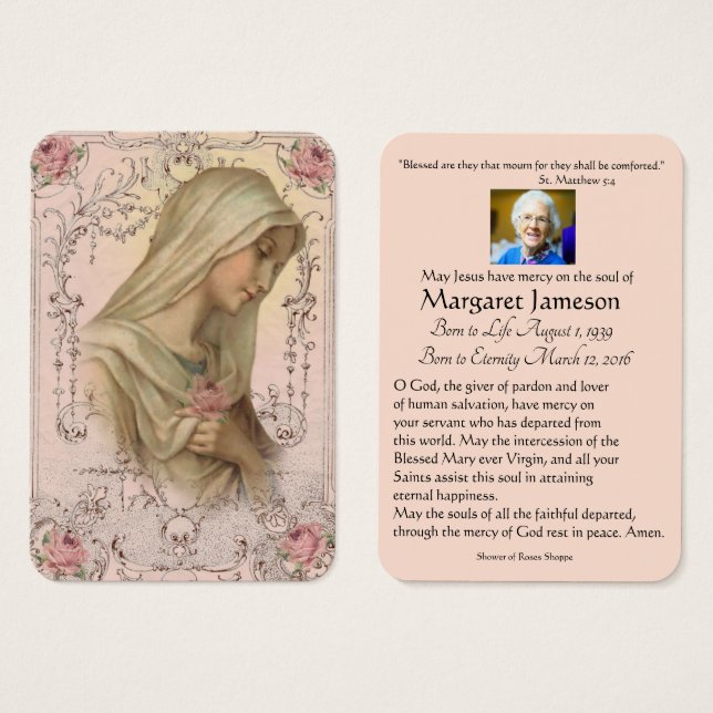 Virgin Mary Catholie Funeral Prayer Heliga Card Visitkort (Framsida & baksida)