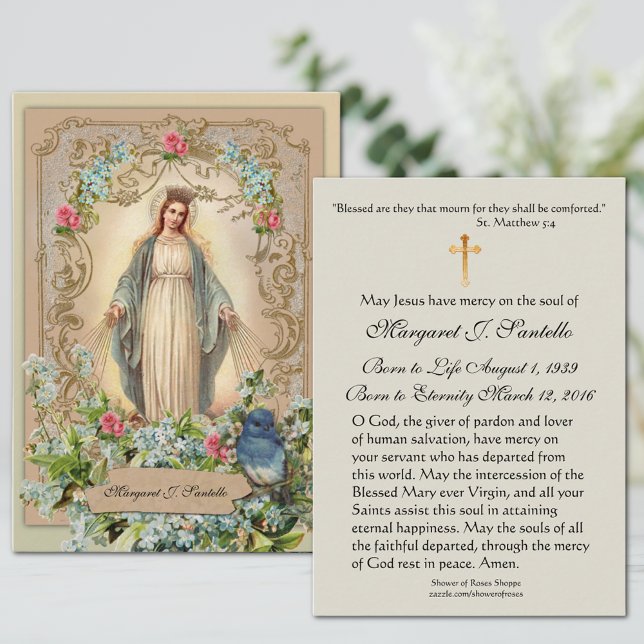 Virgin Mary Catholique Funeral Memorial Heliga Car Visitkort (Traditional Catholic Funeral Prayer Card of the Blessed Virgin Mary, Our Lady of Grace)