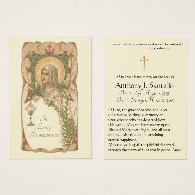 Virgin Mary Funeral Sympathy Prayer Heliga Card Visitkort (Framsida & baksida)