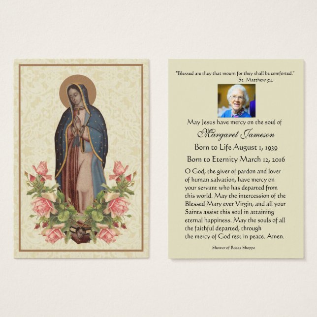 Virgin Mary Guadalupe Funeral Prayer Heliga Card Visitkort (Framsida & baksida)