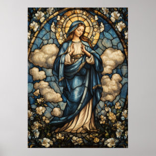 Virgin Mary i stenande fastkedjad glasbild Poster