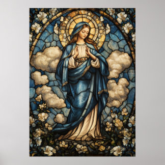 Virgin Mary i stenande fastkedjad glasbild Poster