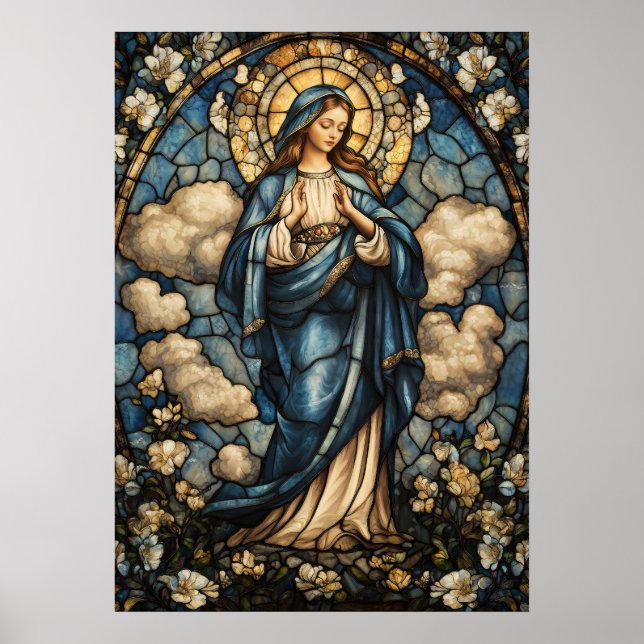 Virgin Mary i stenande fastkedjad glasbild Poster (Framsidan)