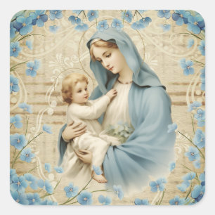Virgin Mary Jesus Lamb Vintage Blue Blommigt Fyrkantigt Klistermärke