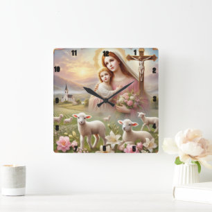 Virgin Mary Jesus Lambs Andlig Fyrkantig Klocka