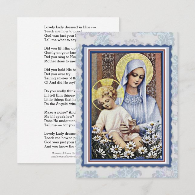 Virgin Mary Jesus Loely Dam som är fördärvad i blå Inbjudningar (Fram/baksida)