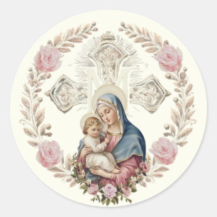 Virgin Mary Jesus Vintage Rosa ros katolik Runt Klistermärke