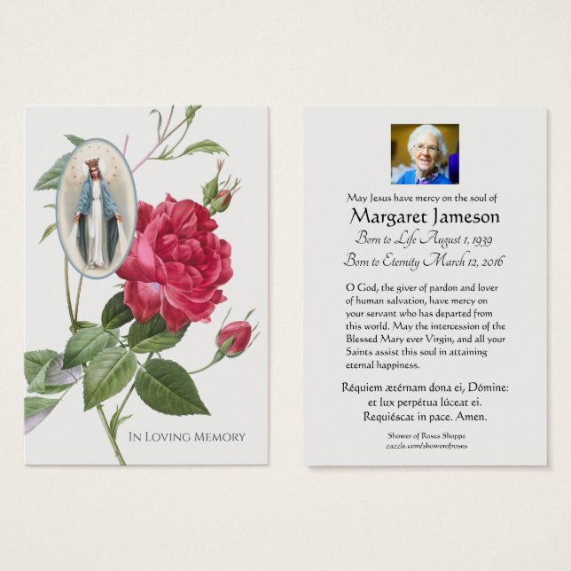 Virgin Mary Latin Funeral Prayer Memorial Card Visitkort (Framsida & baksida)