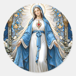 Virgin Mary med Helig HEarth Stached Glass Runt Klistermärke